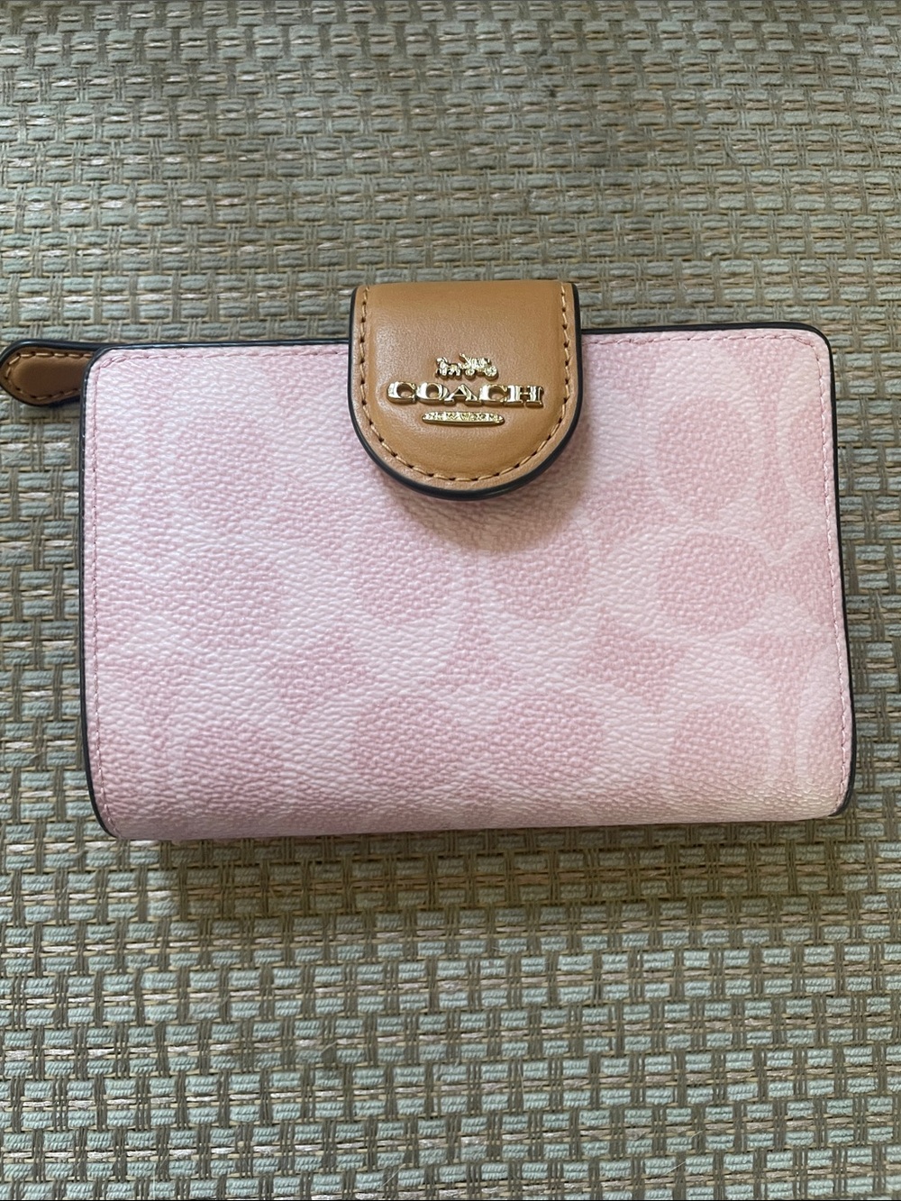 Coach Powder Pink Compact Signature Wallet with Tan Snap